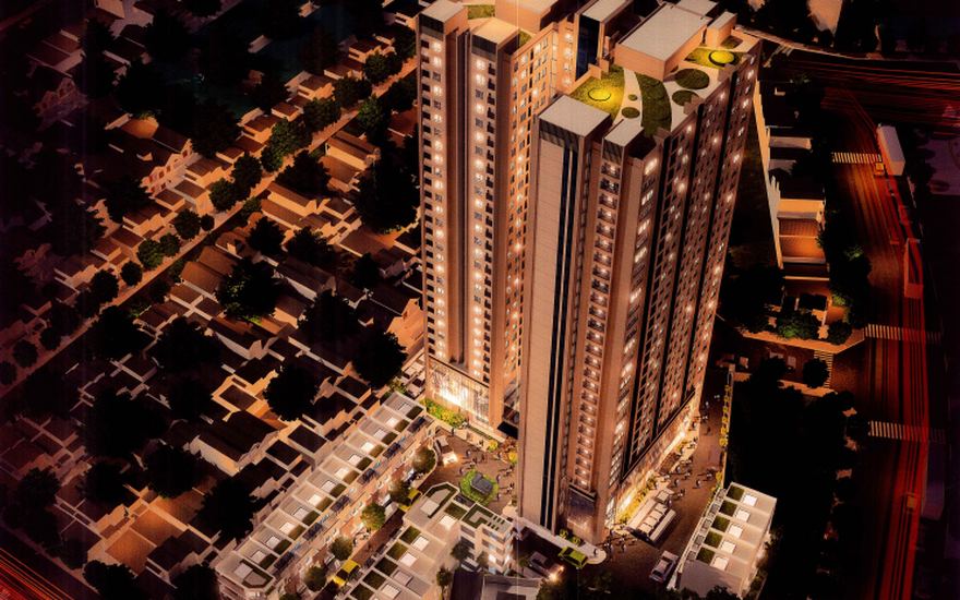 Aerial render of the office tower at dusk