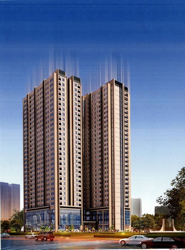 Render of twin residential towers against a blue sky